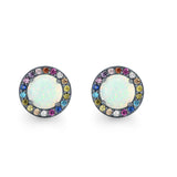 Multicolor Stud Earrings Created Opal Round Simulated CZ 925 Sterling Silver(9mm)