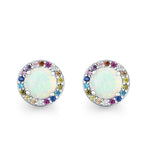 Multicolor Stud Earrings Created Opal Round Simulated CZ 925 Sterling Silver(9mm)