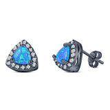 Halo Art Deco Trillion Triangle Stud Earring Created Opal Solid 925 Sterling Silver (9mm)