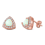 Halo Art Deco Trillion Triangle Stud Earring Created Opal Solid 925 Sterling Silver (9mm)