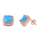 Halo Art Deco Cushion Cut Stud Earring Created Opal Solid 925 Sterling Silver (11mm)