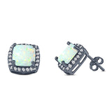 Halo Art Deco Cushion Cut Stud Earring Created Opal Solid 925 Sterling Silver (11mm)