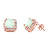 Halo Art Deco Cushion Cut Stud Earring Created Opal Solid 925 Sterling Silver (11mm)