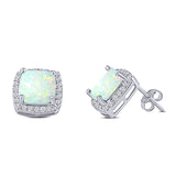 Halo Art Deco Cushion Cut Stud Earring Created Opal Solid 925 Sterling Silver (11mm)