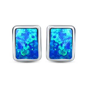 Solitaire Stud Earring Radiant Shape Lab Created Opal 925 Sterling Silver (8mm)