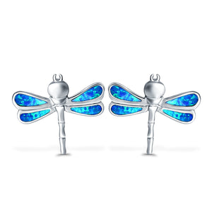 Dragonfly Stud Earring Created Blue Opal Simulated CZ 925 Sterling Silver (16mm)