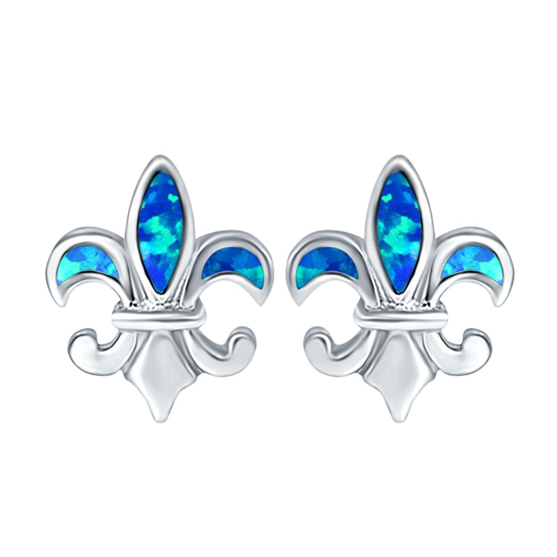 Fleur de lis Stud Earring Lab Created Opal 925 Sterling Silver (16mm)