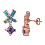 New Design Cross Stud Earring Created Opal Princess Simulated Amethyst CZ 925 Sterling Silver (20mm)