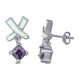 New Design Cross Stud Earring Created Opal Princess Simulated Amethyst CZ 925 Sterling Silver (20mm)