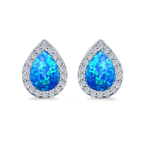 Halo Pear Stud Earrings Lab Created Opal Simulated CZ 925 Sterling Silver (11mm)