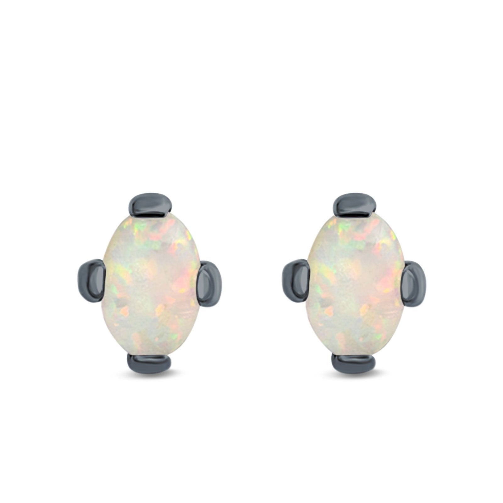 Solitaire Oval Stud Earrings Created Opal 925 Sterling Silver (9mm)