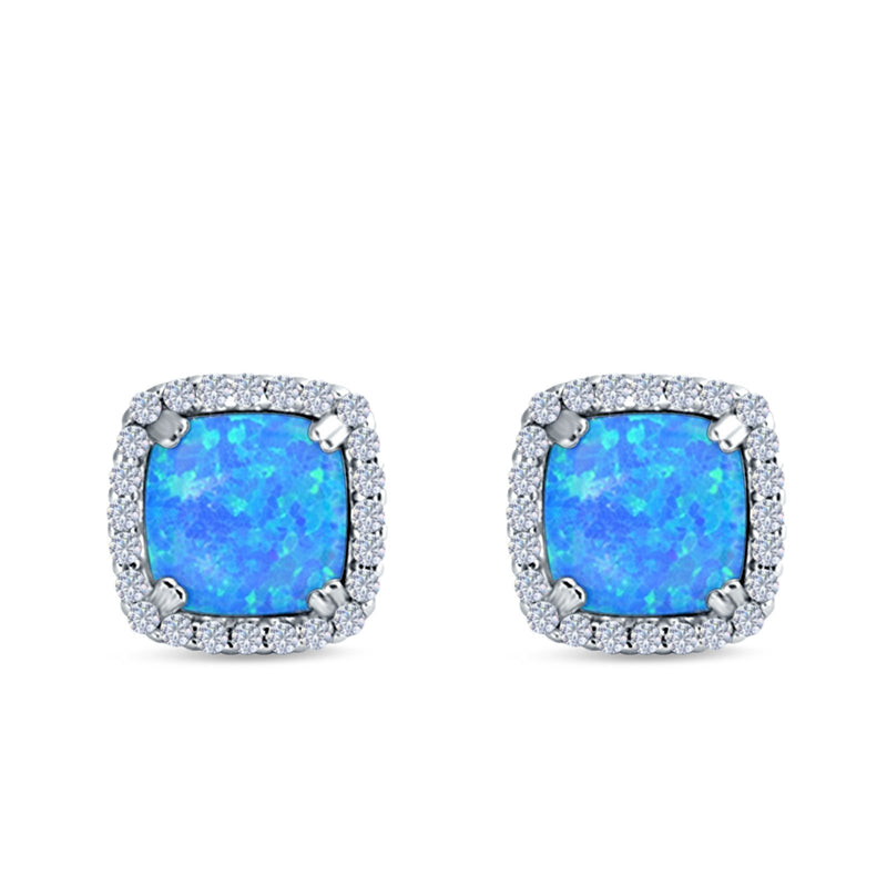 Halo Cushion Created Opal Round CZ Stud Earrings 925 Sterling Silver (11mm)