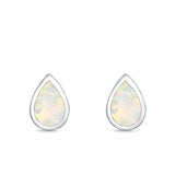 Teardrop Bezel Solitaire Pear Stud Earrings Lab Created Opal 925 Sterling Silver (7mm)