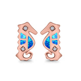 Seahorse Stud Earrings Lab Created Opal Simulated CZ 925 Sterling Silver (13mm)