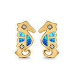 Seahorse Stud Earrings Lab Created Opal Simulated CZ 925 Sterling Silver (13mm)