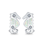 Seahorse Stud Earrings Lab Created Opal Simulated CZ 925 Sterling Silver (13mm)