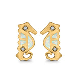 Seahorse Stud Earrings Lab Created Opal Simulated CZ 925 Sterling Silver (13mm)