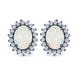 Halo Oval Stud Earrings Lab Created Opal Simulated CZ 925 Sterling Silver (13mm)