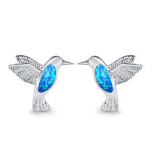 Hummingbird Stud Earrings Lab Created Opal 925 Sterling Silver (15mm)