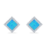 Halo Princess Stud Earrings Lab Created Opal Simulated CZ 925 Sterling Silver (14mm)