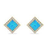 Halo Princess Stud Earrings Lab Created Opal Simulated CZ 925 Sterling Silver (14mm)