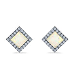 Halo Princess Stud Earrings Lab Created Opal Simulated CZ 925 Sterling Silver (14mm)