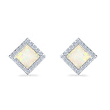 Halo Princess Stud Earrings Lab Created Opal Simulated CZ 925 Sterling Silver (14mm)