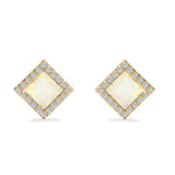 Halo Princess Stud Earrings Lab Created Opal Simulated CZ 925 Sterling Silver (14mm)