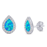 Halo Pear Stud Earring Simulated Cubic Zirconia Created Opal Solid 925 Sterling Silver (11mm)