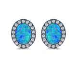 Halo Oval Stud Earrings Lab Created Opal Simulated CZ 925 Sterling Silver (11mm)