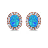 Halo Oval Stud Earrings Lab Created Opal Simulated CZ 925 Sterling Silver (11mm)