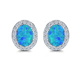 Halo Oval Stud Earrings Lab Created Opal Simulated CZ 925 Sterling Silver (11mm)
