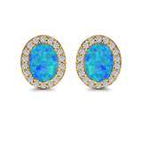 Halo Oval Stud Earrings Lab Created Opal Simulated CZ 925 Sterling Silver (11mm)