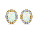 Halo Oval Stud Earrings Lab Created Opal Simulated CZ 925 Sterling Silver (11mm)