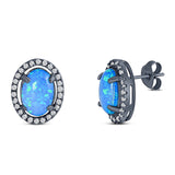 Halo Art Deco Oval Stud Earring Simulated Cubic Zirconia Created Opal Solid 925 Sterling Silver (15mm)