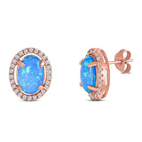 Halo Art Deco Oval Stud Earring Simulated Cubic Zirconia Created Opal Solid 925 Sterling Silver (15mm)