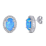 Halo Art Deco Oval Stud Earring Simulated Cubic Zirconia Created Opal Solid 925 Sterling Silver (15mm)