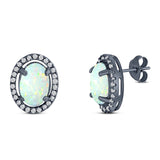 Halo Art Deco Oval Stud Earring Simulated Cubic Zirconia Created Opal Solid 925 Sterling Silver (15mm)