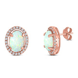 Halo Art Deco Oval Stud Earring Simulated Cubic Zirconia Created Opal Solid 925 Sterling Silver (15mm)