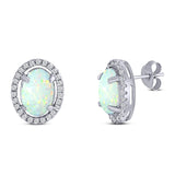 Halo Art Deco Oval Stud Earring Simulated Cubic Zirconia Created Opal Solid 925 Sterling Silver (15mm)