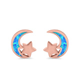 Moon & Star Stud Earrings Created Opal 925 Sterling Silver (8mm)