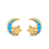 Moon & Star Stud Earrings Created Opal 925 Sterling Silver (8mm)