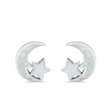 Moon & Star Stud Earrings Created Opal 925 Sterling Silver (8mm)