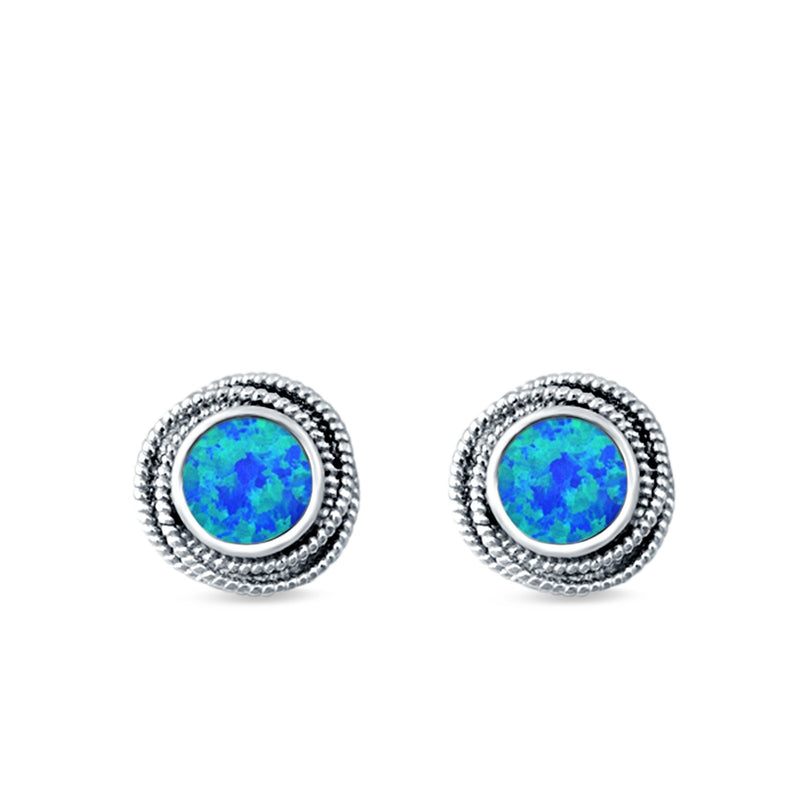 Round Rope Stud Earrings Lab Created Opal 925 Sterling Silver (10mm)