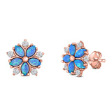 Flower Stud Earring Simulated Cubic Zirconia Created Opal Solid 925 Sterling Silver (9mm)