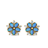 Flower Stud Earrings Lab Created Opal Simulated CZ 925 Sterling Silver (9mm)