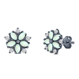 Flower Stud Earring Simulated Cubic Zirconia Created Opal Solid 925 Sterling Silver (9mm)