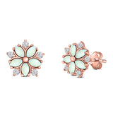 Flower Stud Earring Simulated Cubic Zirconia Created Opal Solid 925 Sterling Silver (9mm)