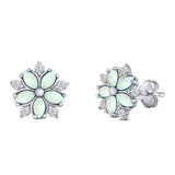 Flower Stud Earring Simulated Cubic Zirconia Created Opal Solid 925 Sterling Silver (9mm)