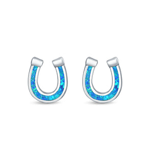 Horseshoe Stud Earrings Lab Created Opal 925 Sterling Silver (9mm)